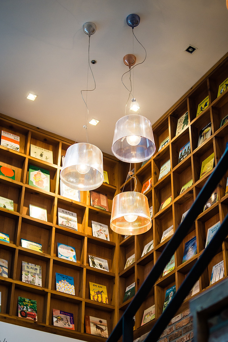 lamp, ceiling, books, bookshelf, bright, light, interior
