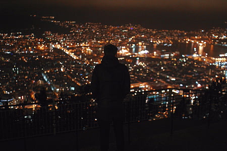 silhouette, man, top, building, watching, city, lights