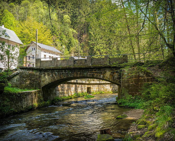 híd, folyó, kőhíd, kirnitsch, szász Svájc, Szászország, tavaszi