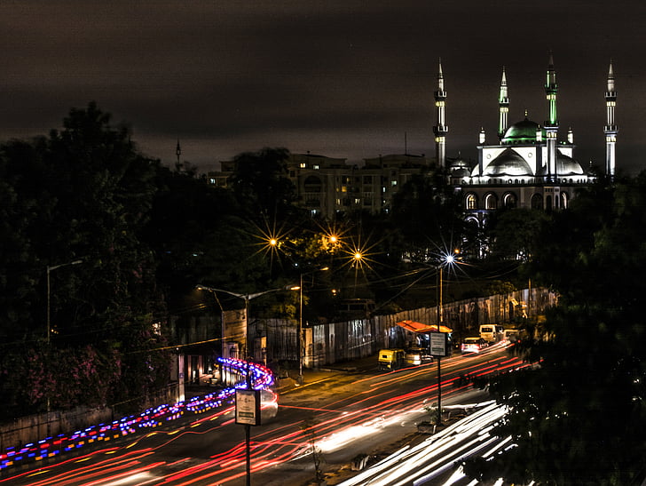 mosque, light trail, night, road