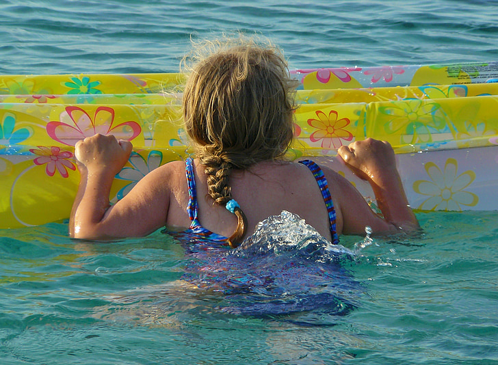 barn, jente, svømme, Air mattress, sjøen, ferie, stranden