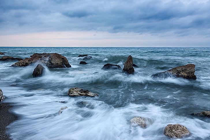 time, lapse, photo, sea, stones, ocean, water