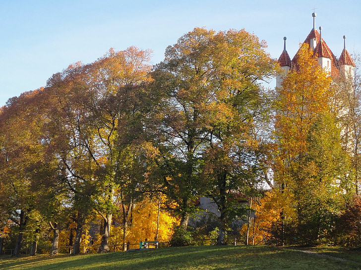 Kaufbeuren, Németország, táj, fák, templom, építészet, őszi