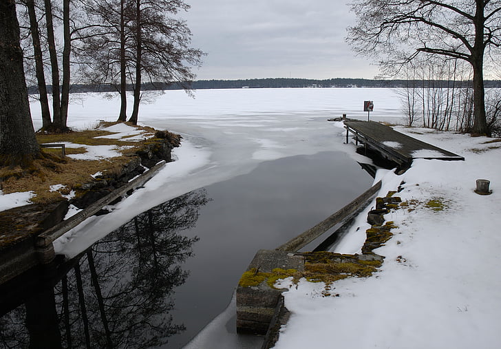 téli, téli, víz, tó, Dalsland, snäcke, hó