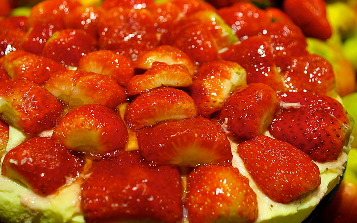 jordgubbe, röd, saftiga, tårta, mat, ljusa