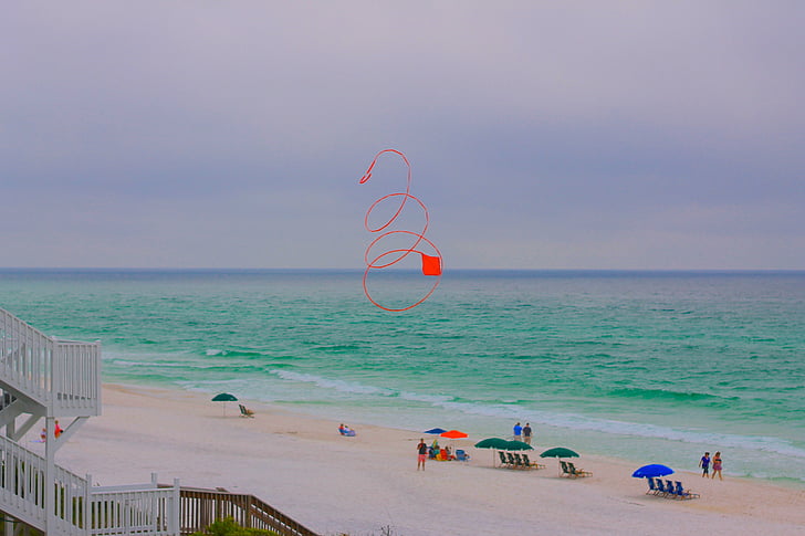 beach, kite, red, flying, red kite, swirly kite, summer