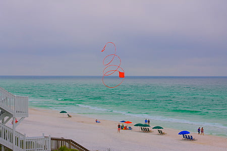 Beach, kite, piros, repülő, vörös kánya, swirly kite, nyári
