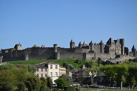 carcasone, Frankrike, fästning, slott, medeltida, arkitektur, medeltiden