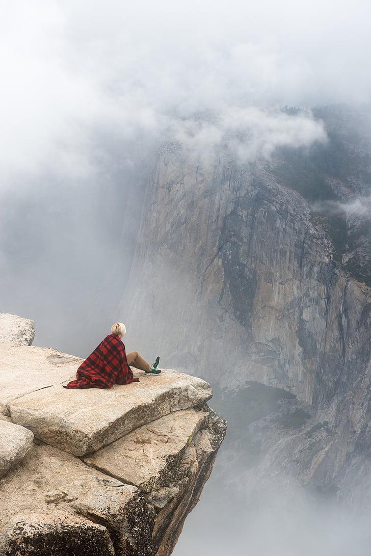 cliff, clouds, fog, man, nature, person, rocks