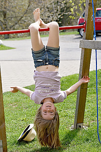 child, girl, gymnastics, head on, out, nature, movement