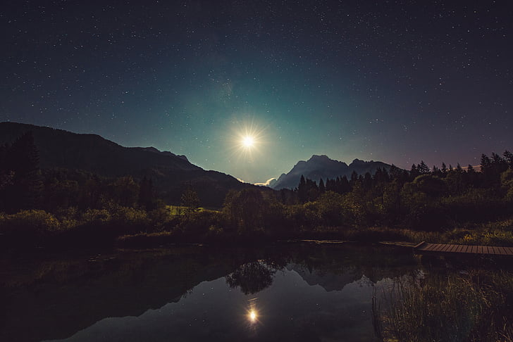 astronomy, bright, calm, idyllic, lake, landscape, midnight