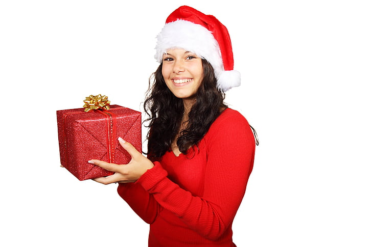 Lady, Santa, Anzug, halten, rot, Geschenk, Box