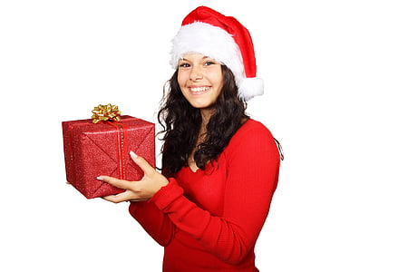 lady, santa, suit, holding, red, gift, box