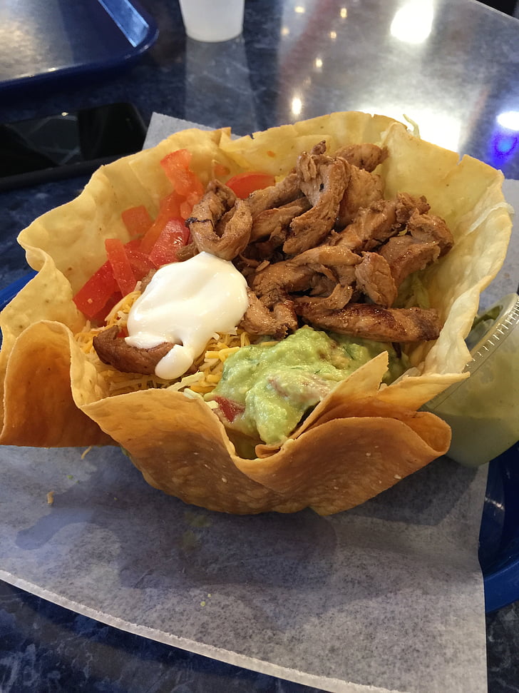 taco salad, mexican, lunch, sour cream, meat, spicy