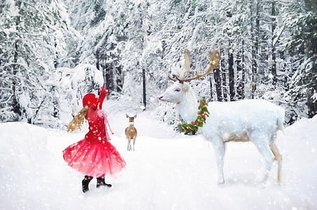 ziemas, mazā meitene dejo, baltais briedis, sniega, meitene, mazulis, bērnu