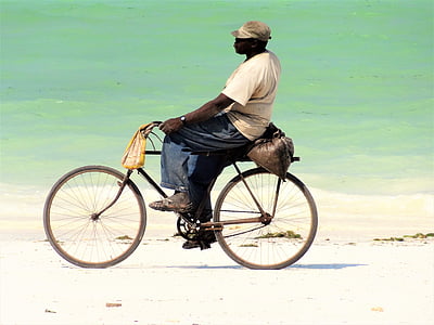 spiaggia, driver di velo, uomo, ciclisti, biciclette, trasporto, Figura intera