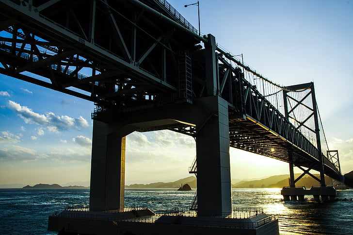 Podul, apus de soare, mare, Japonia