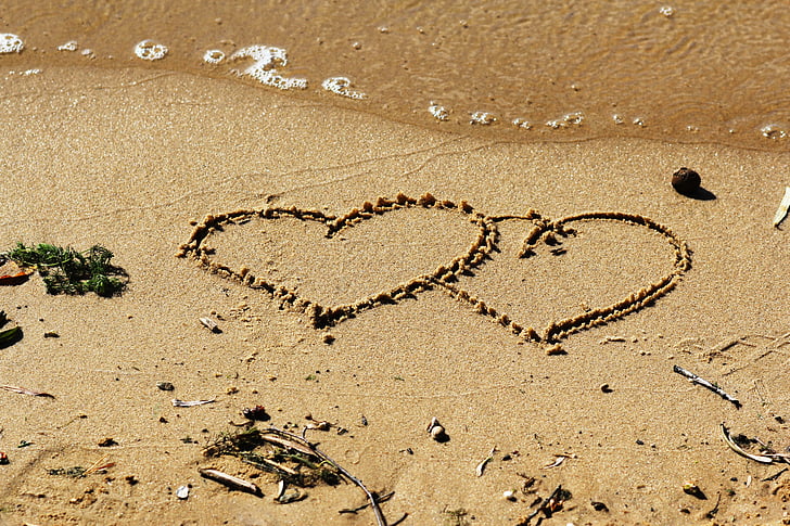 Pantai, hati, pasir, air, gelombang, berjalan-jalan, liburan