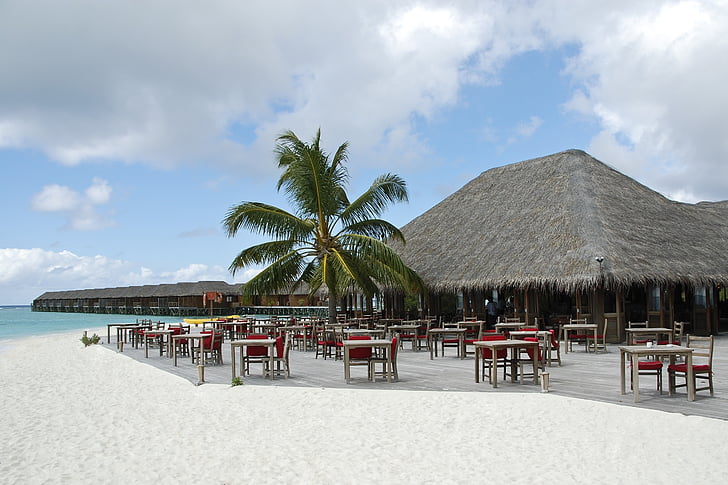 Plaża, Malediwy, pasek, piasek, Chmura - Niebo, zbudowana konstrukcja, niebo