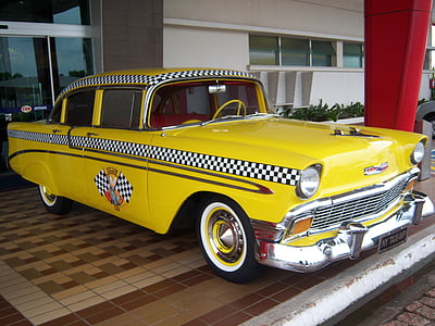 geltona kabinos, taksi, geltona, automobilių, senas automobilis, senus automobilius, seną automobilį