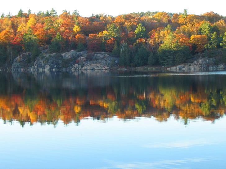 otoño, Lago, reflexión, caída, colores, Escudo Canadiense, granito