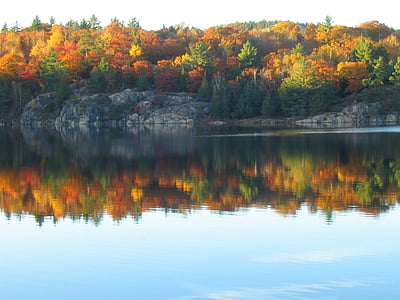 秋, 湖, 反射, 秋, 色, カナダの盾, 花崗岩