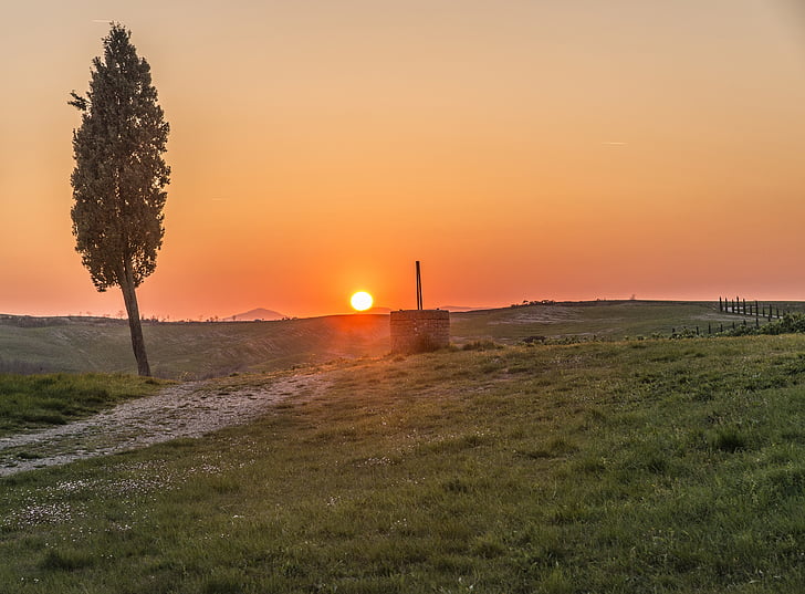 Toskánsko, slunce, Západ slunce, oranžová