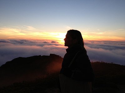profil użytkownika, Kobieta, żółty, zachód słońca, mgła, chmury, sylwetka