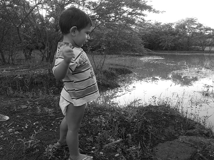 dijete, jezero, mira, krajolik, vode, priroda