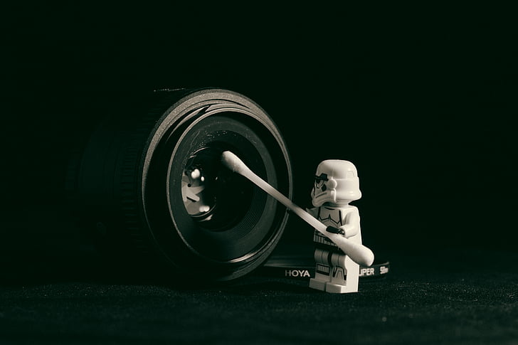 black, camera, lens, stormtrooper, toy, black background, studio shot