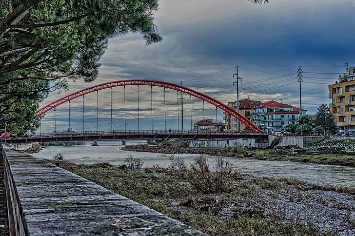 Albenga, Bridge, Arc, rød, suspenderet, Centa, floden