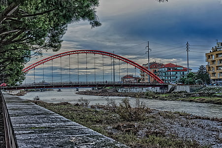 albenga, bridge, arc, red, suspended, centa, river