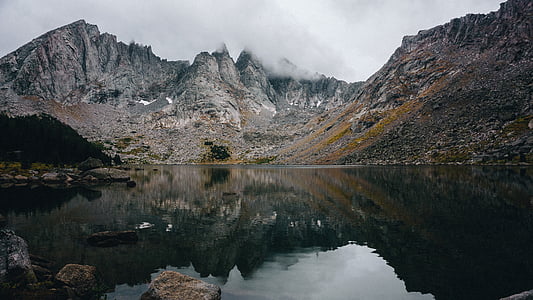 ezers, ainava, kalns, daba, ārpus telpām, pārdomas, Rocky mountain