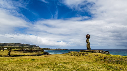 il paesaggio, Isola di Pasqua, cielo blu, rapa nui, Oceano Pacifico, Statua, Costa