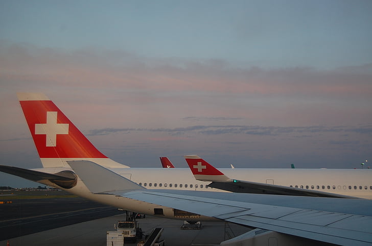 Swiss air, sík, Svájci, repülőgép, utazás, naplemente