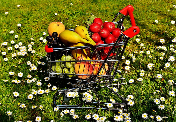 Indkøbskurv, sund shopping, frugt, grøntsager, bananer, ferskner, druer