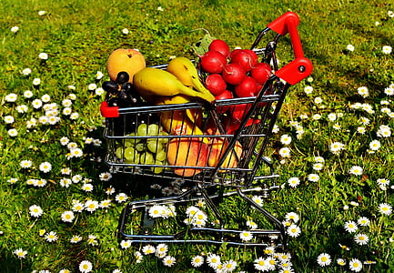 nakupovalni voziček, zdrave nakupovanje, sadje, zelenjavo, banane, breskve, grozdje