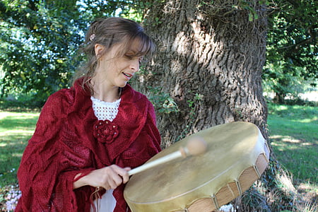 woman, drum, oak, nature, music, women, outdoors