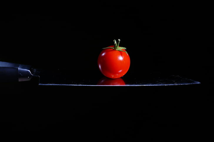 tomaat, mes, koken, rood, zwart, keuken, groenten