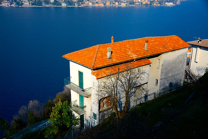 house, lake, lake house, architecture, landscape, blue, orange