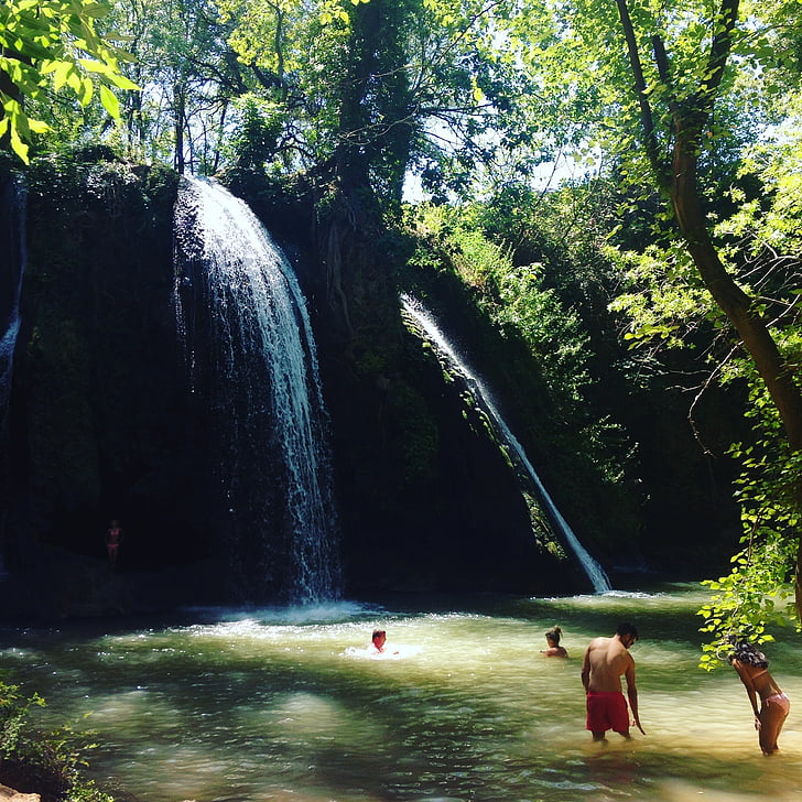 waterfall, france, nature, people, swimming, forest, tree