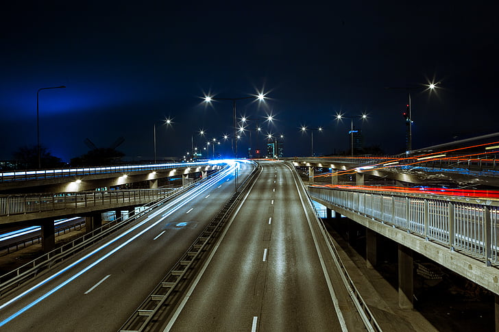 timelapse, photography, car, headlights, overpass, road, night