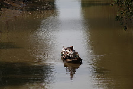 personas, barco, hombre, antiguo, barco en el río, vela, transporte