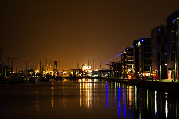 Bremerhafen, lumini, apa, City, seara, amurg, atmosfera