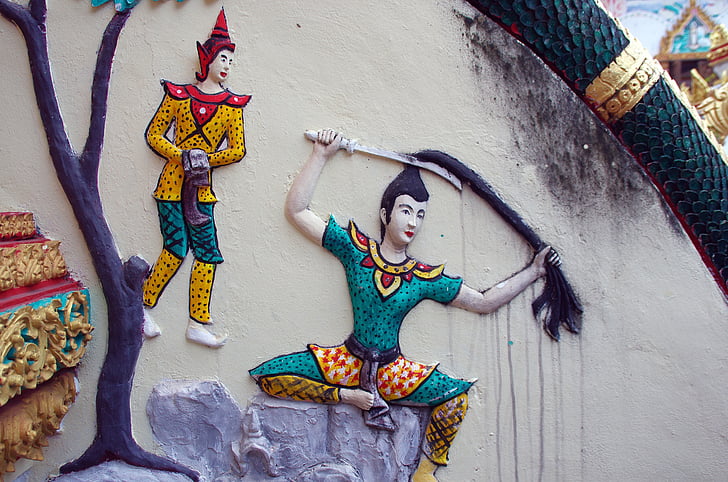 Laos, Vientiane, mozaïek, muurschildering, tekens, verhalen, Tempel