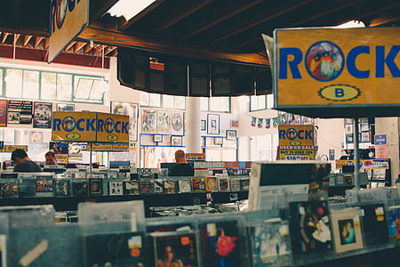 Rock, tisknout, značení, nahoru, CD, regál, rekordní obchod