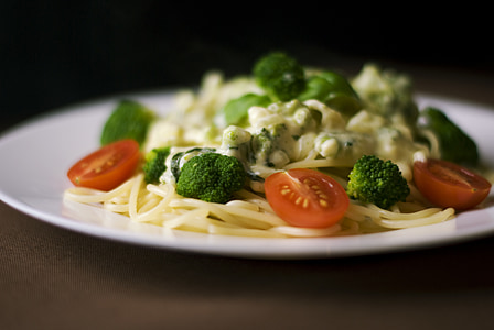 pasta, meal, cuisine, dinner, lunch, broccoli, tomatoes