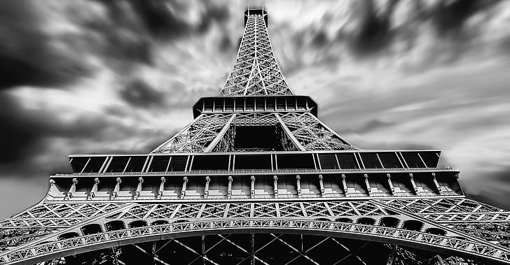 architecture, black-and-white, eiffel tower, landmark, low angle shot, paris, perspective