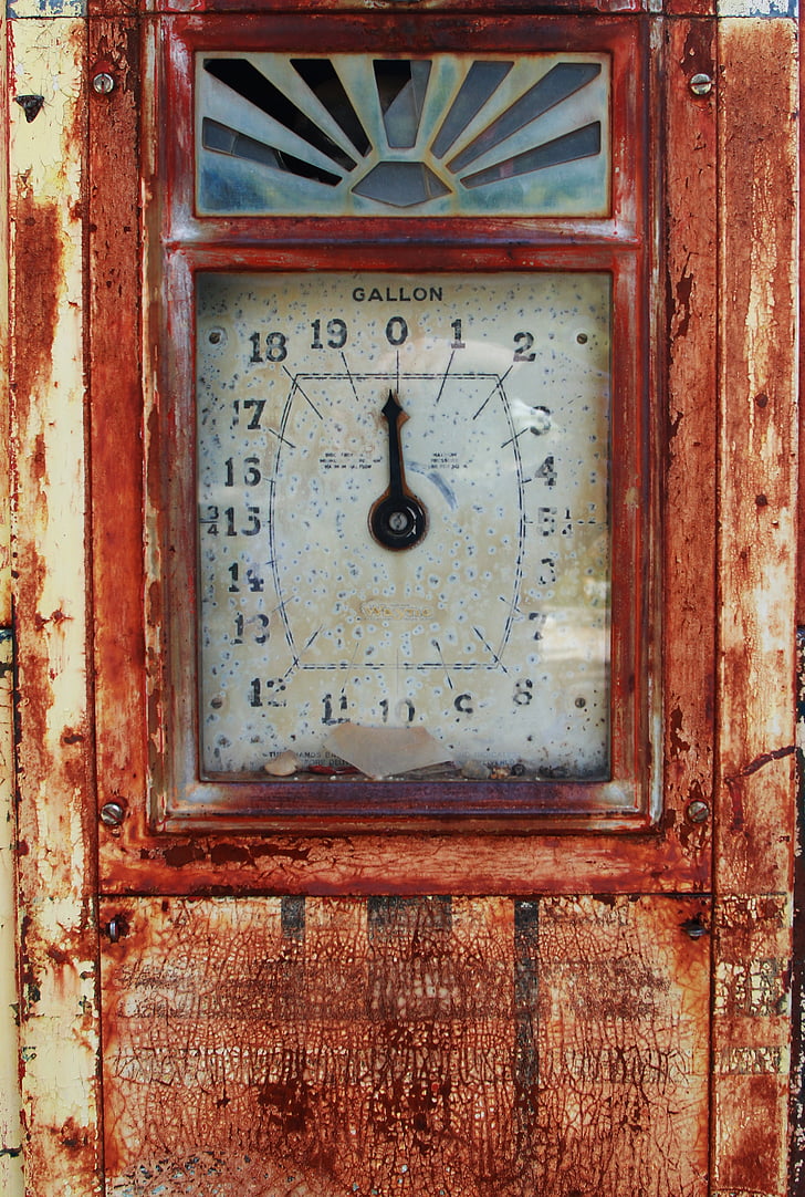 antique, clock, fuel pump, old fuel pump, dial, gauge, rust