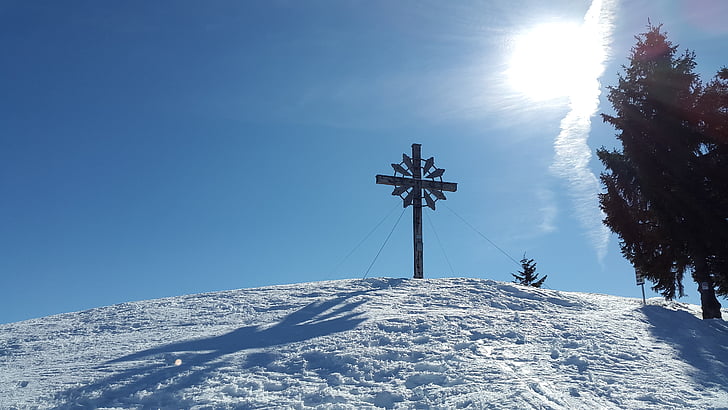 sun head, summit cross, summit, winter, allgäu, cross, alpine